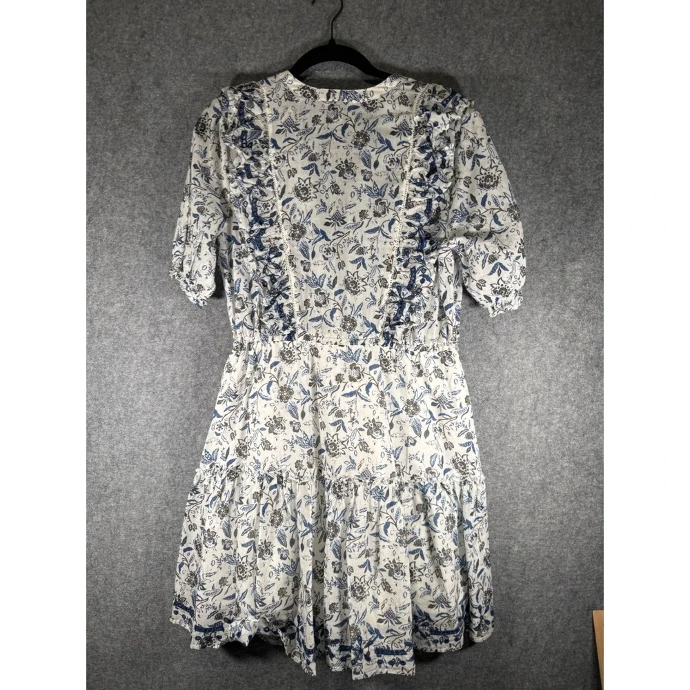 Lucky Brand Blue White Floral Ruffle Tiered Mini Dress Small V-Neck Puff Sleeve - Picture 7 of 8